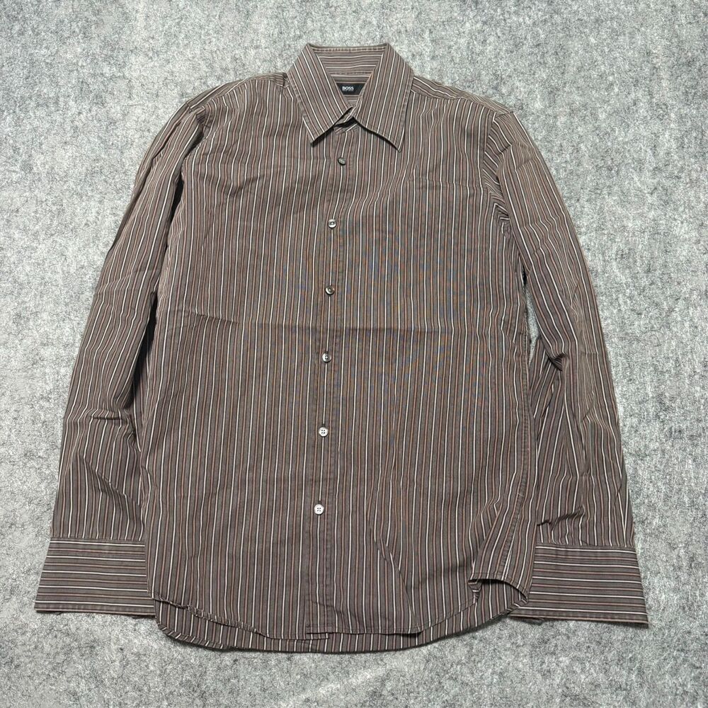 Hugo Boss Shirt Mens Medium M 15.5 39 Brown Vertical Striped Button Down LS